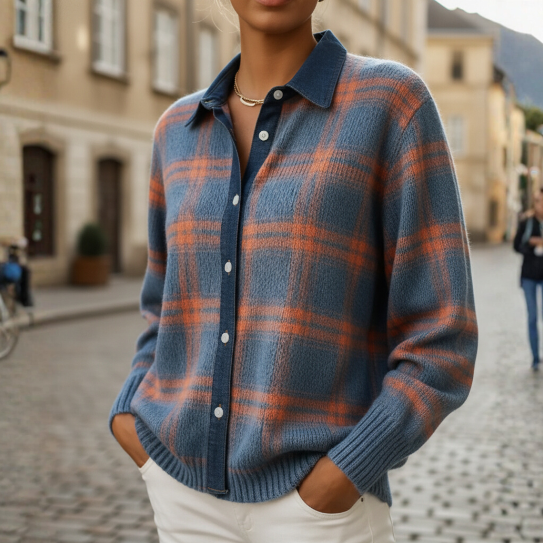 Women's plaid shirt sweater in blue orange green soft knit fabric button collar casual fit
