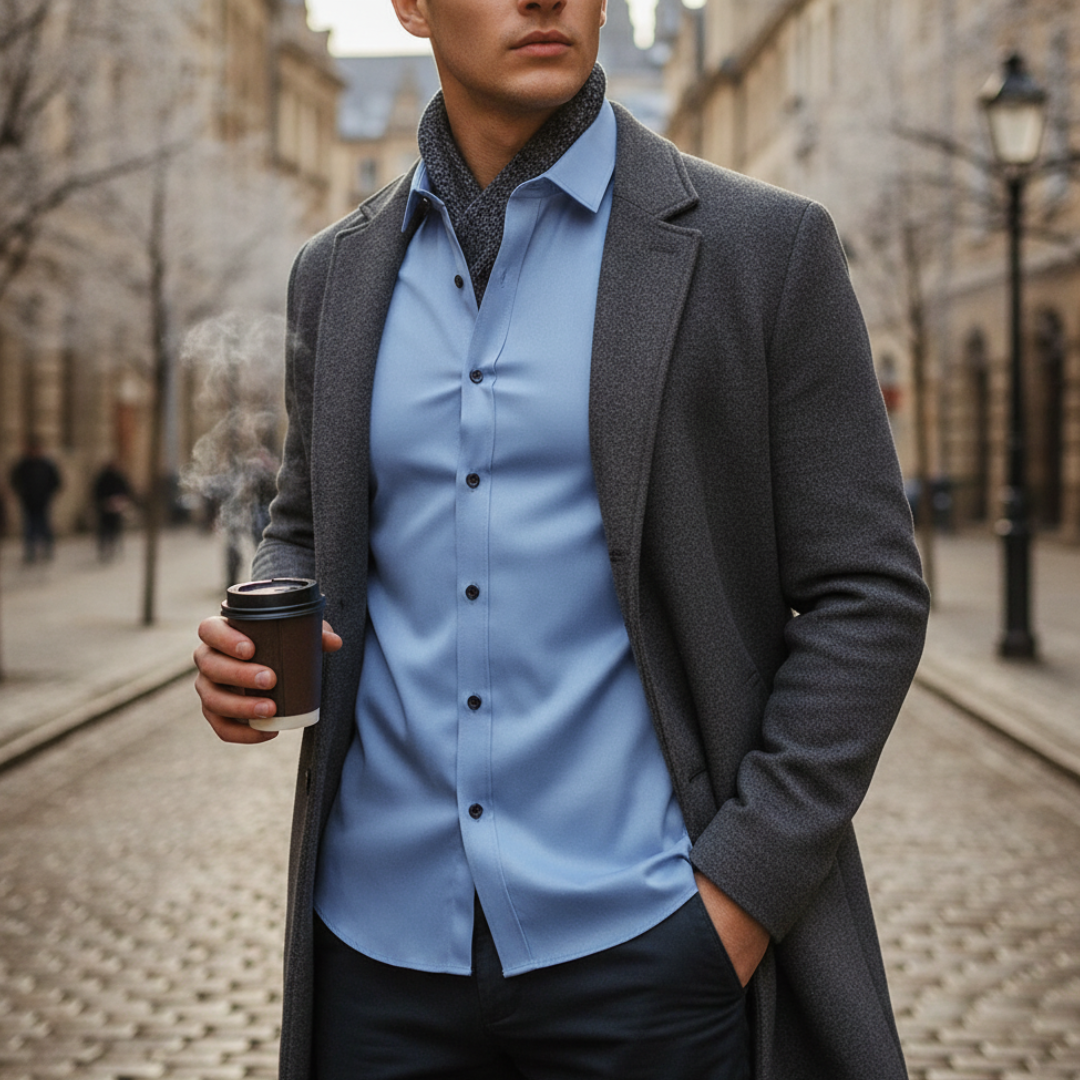 Men's slim fit long sleeve shirt in black blue gray breathable soft fabric for work and casual wear