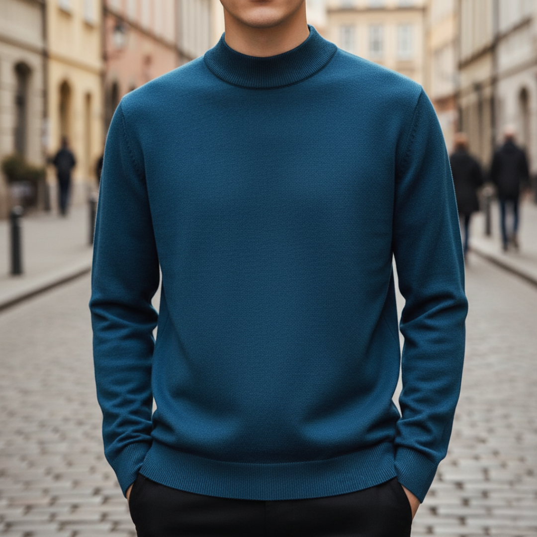 Men's gray mock neck sweater fine knit regular fit ribbed cuffs hem everyday warmth