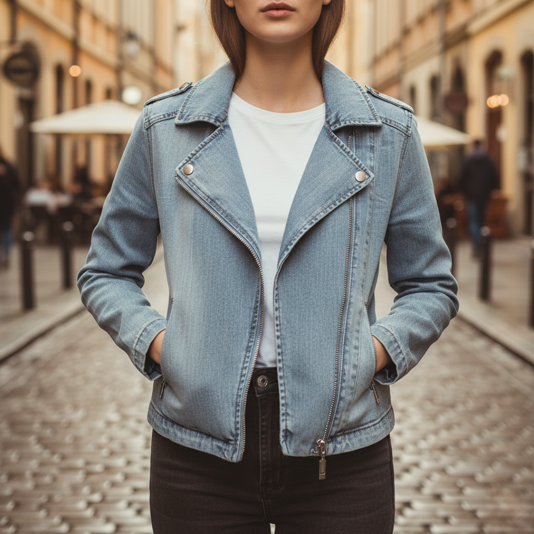 Women's zip-front casual jacket in blue with side pockets, modern relaxed fit for everyday chic
