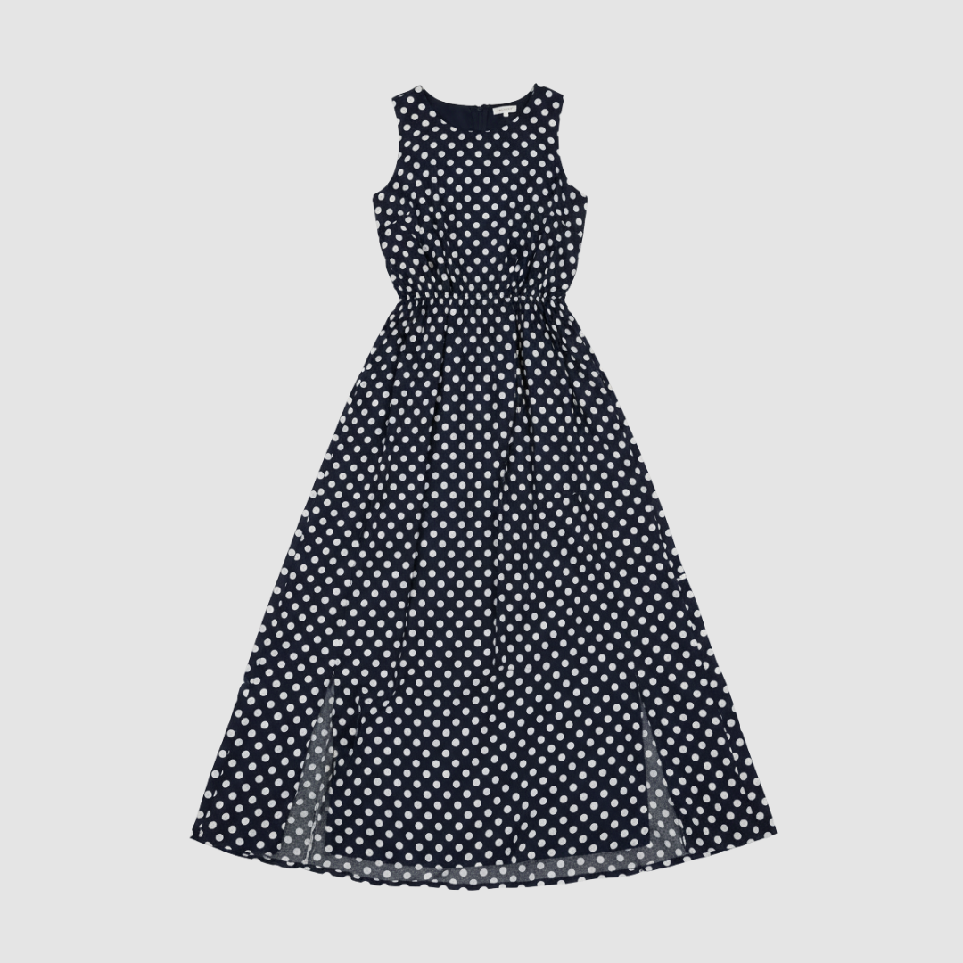 Women's black white polka dot long dress elegant waistband flattering silhouette casual dressy