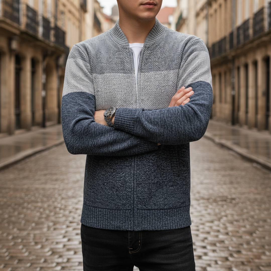 Men's striped zip-up cardigan in black blue red ribbed cuffs casual relaxed fit autumn spring