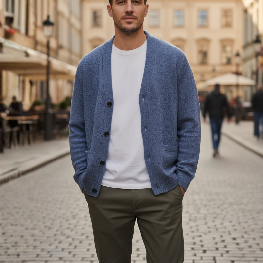 Men's soft yarn knit cardigan classic collar button front closure casual semi-formal
