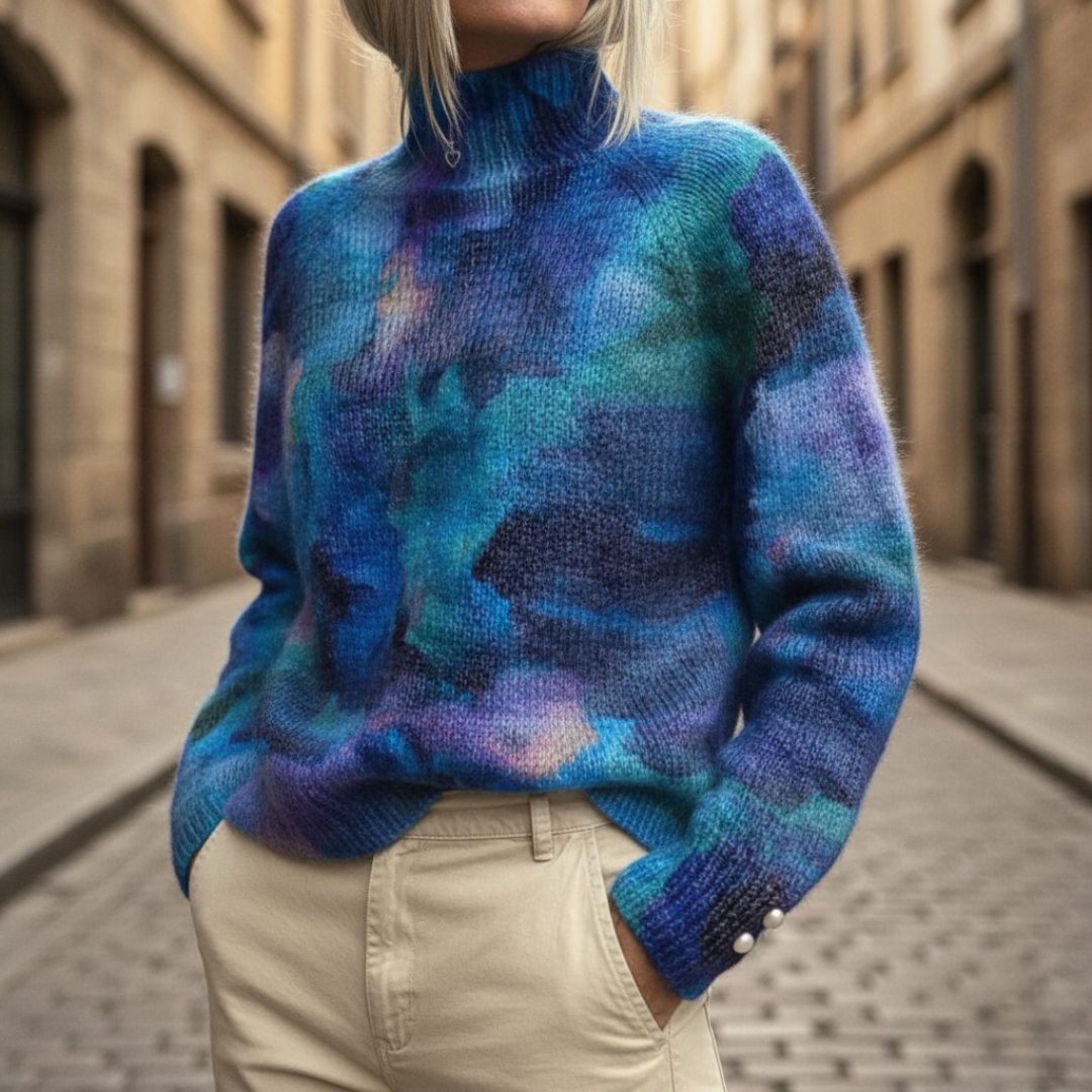 Women's multicolor turtleneck sweater blue-green cozy knit with pearl button cuffs long sleeves