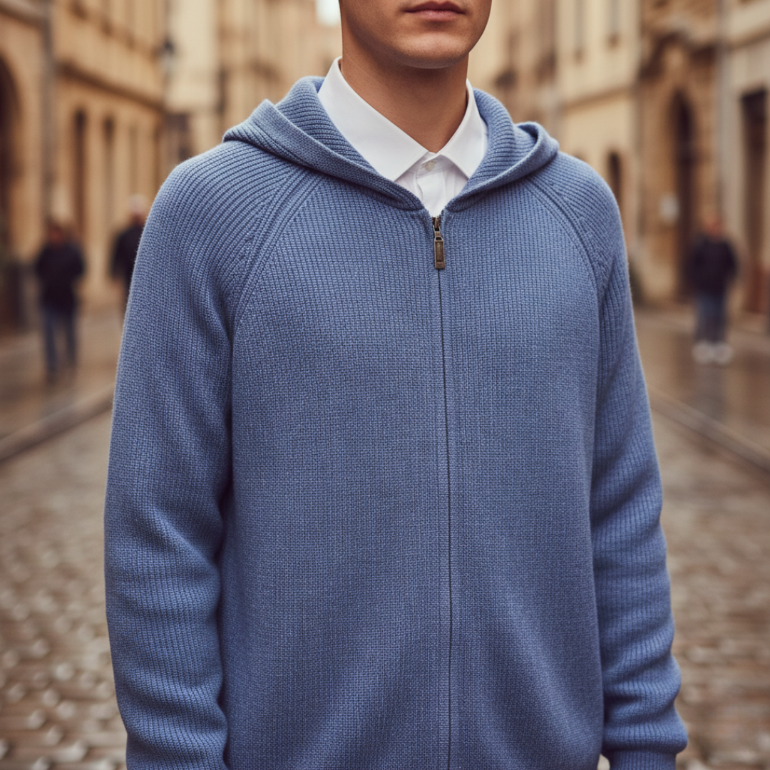 Men's gray hooded knit cardigan with full zipper, soft warm casual sporty style for autumn winter
