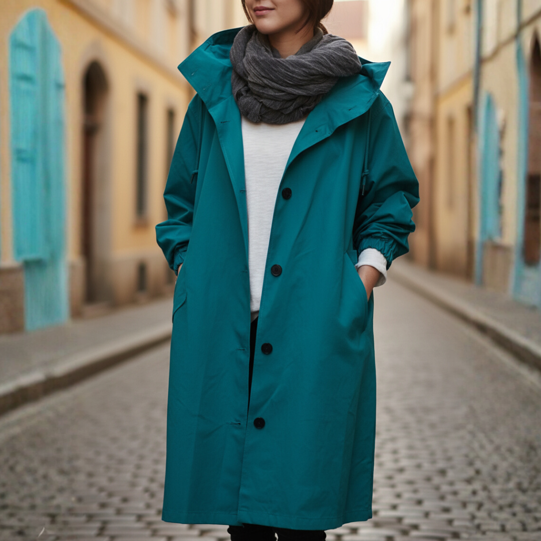Women's waterproof hooded coat high collar button closure casual rain-ready outerwear