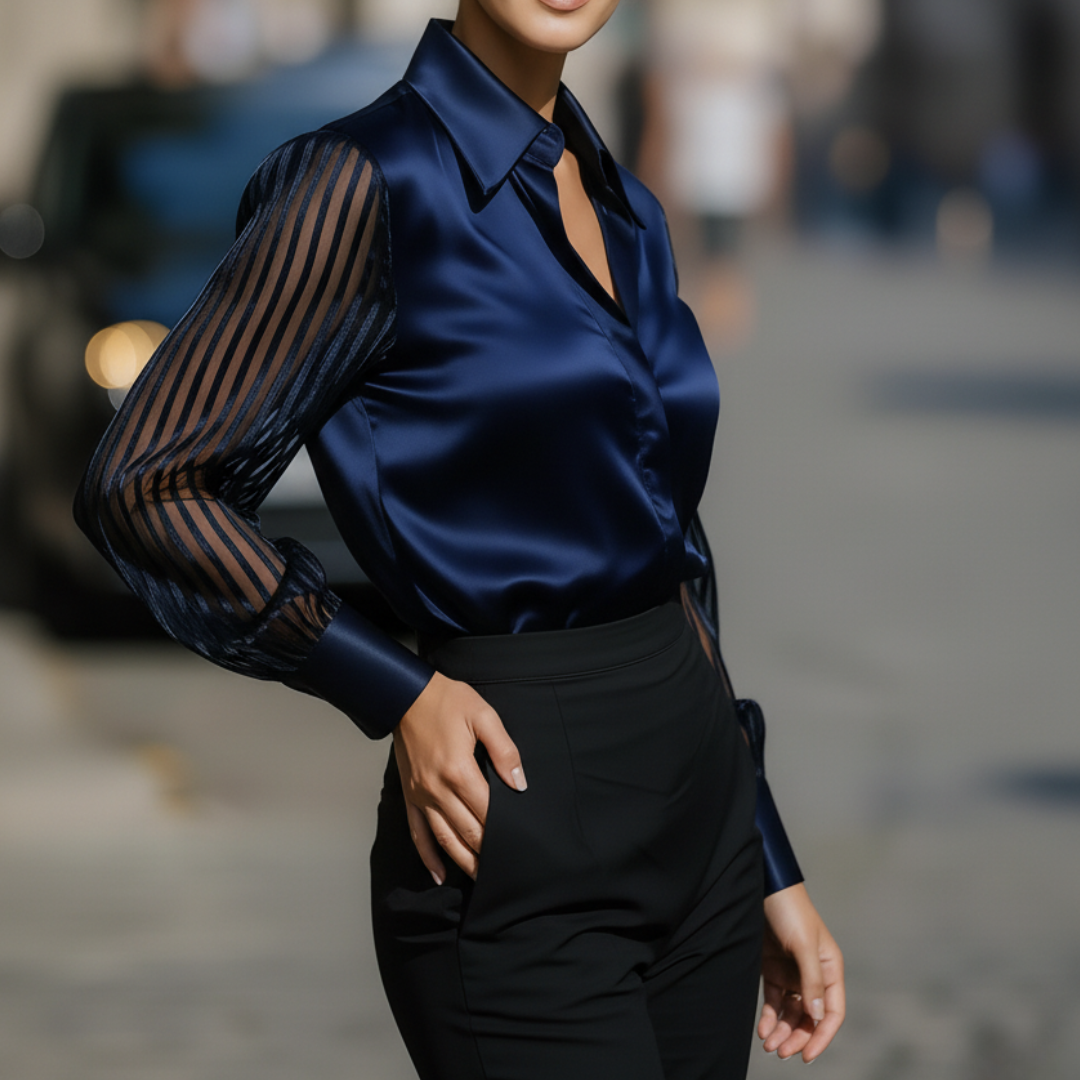 Women's fitted shiny polyester shirt with transparent striped sleeves, modern long sleeve design