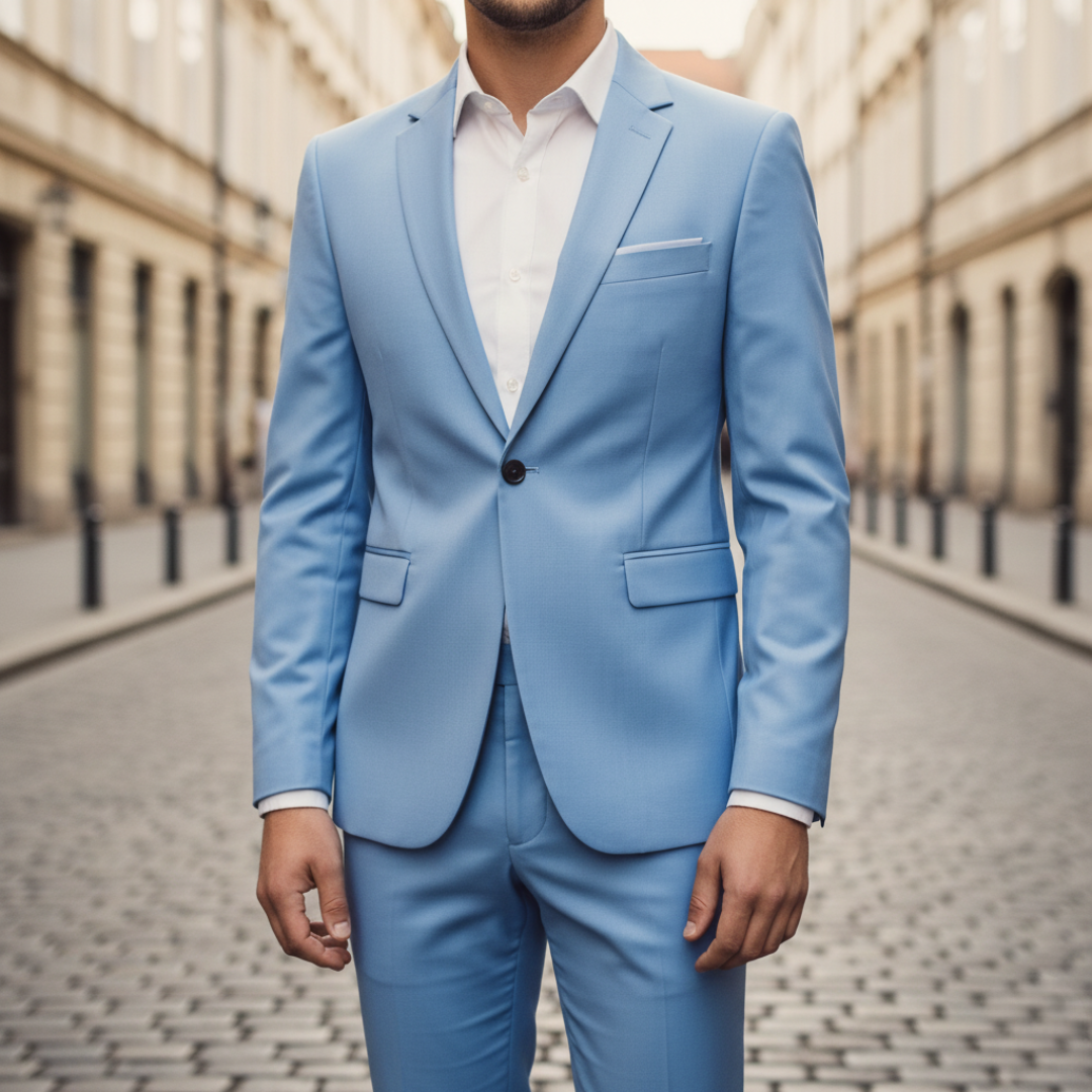 Men's formal suit with chest pocket in beige black blue gray red slim tailored cut for weddings