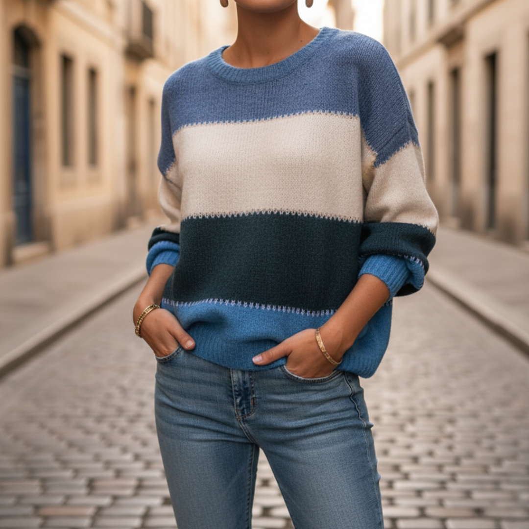 Women's striped polyester sweater in casual relaxed fit with breathable soft fabric for everyday wear