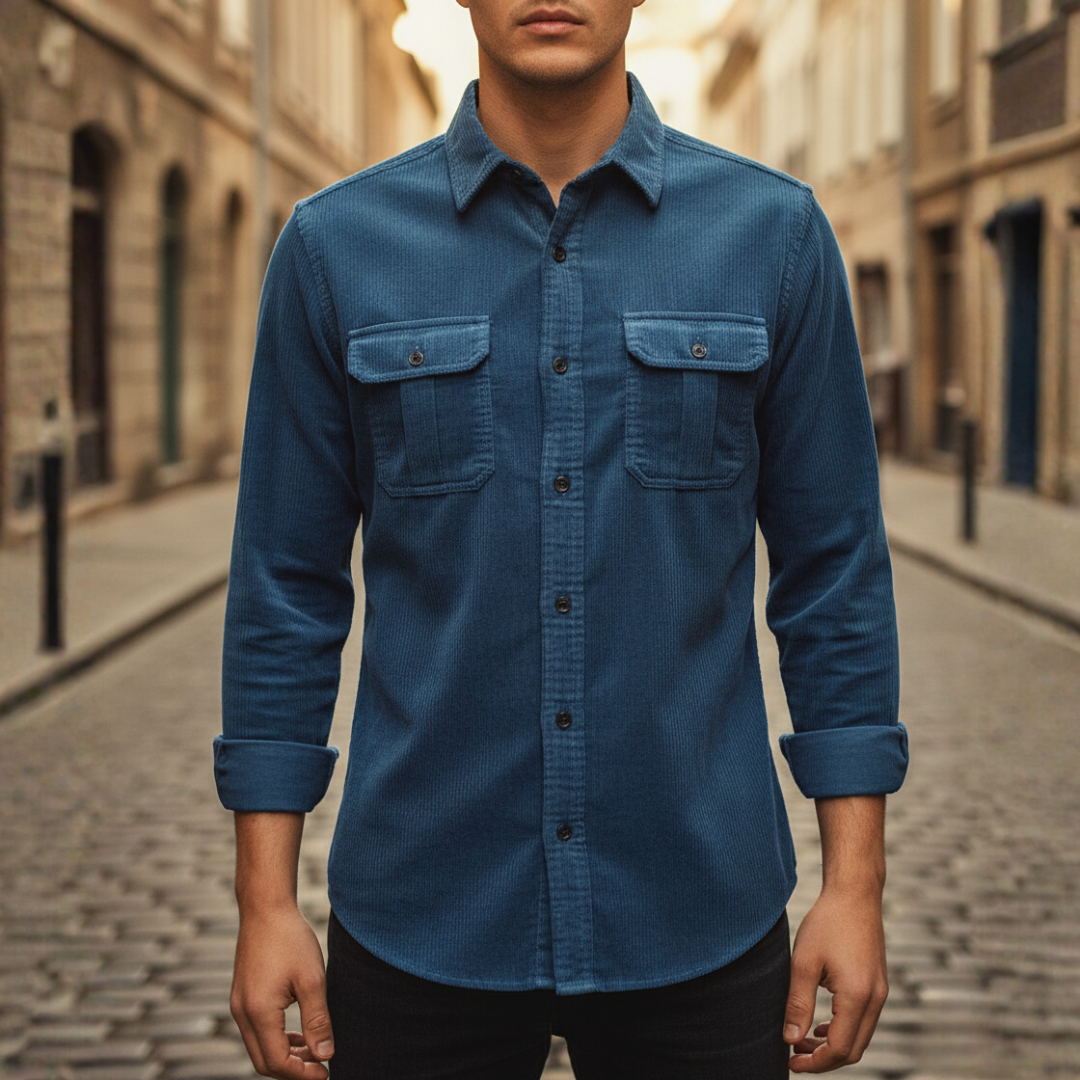 Gray men's polyester casual shirt with two chest pockets, versatile everyday workwear silhouette