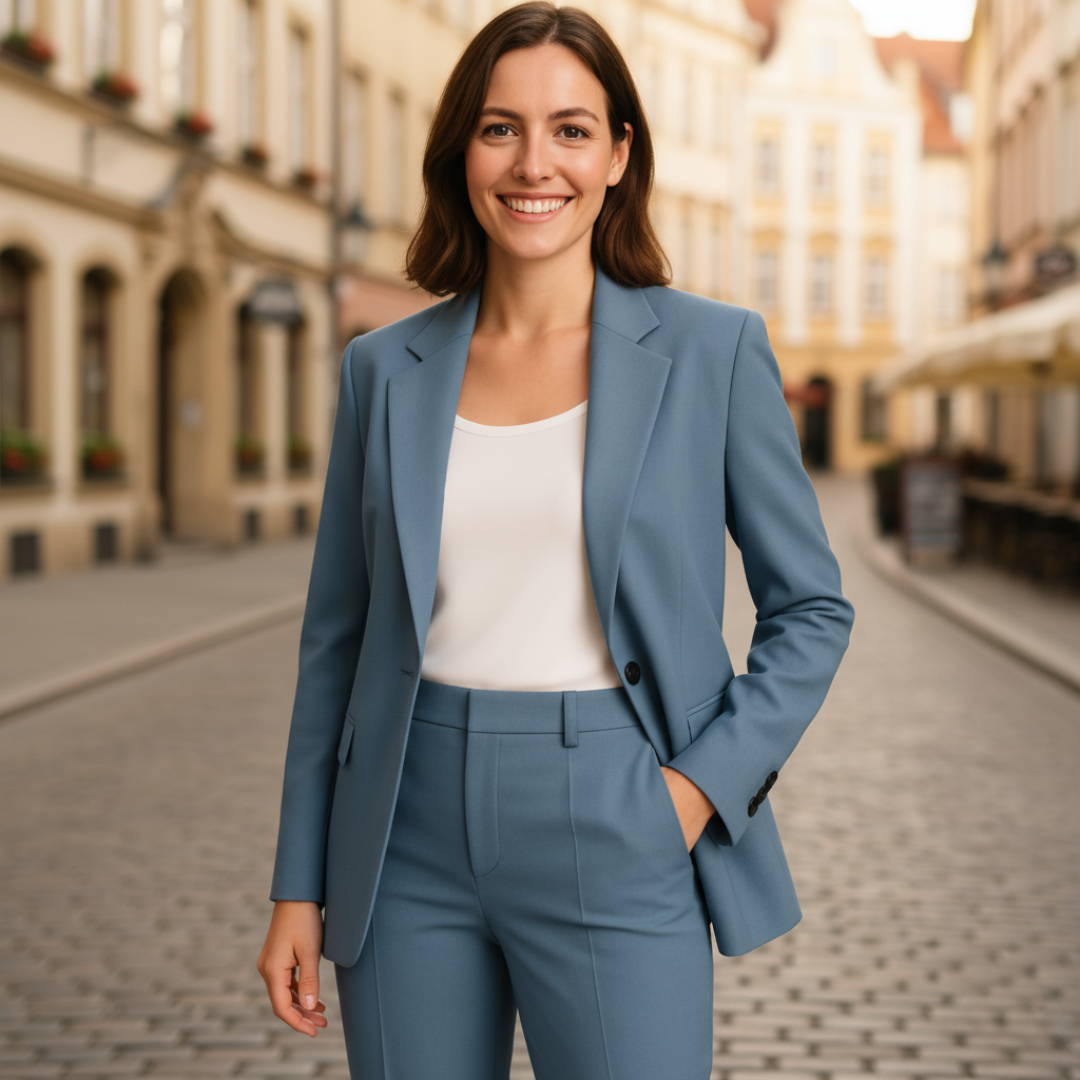 Women's tailored jacket and pants set in elegant workwear style with button closure two-piece silhouette