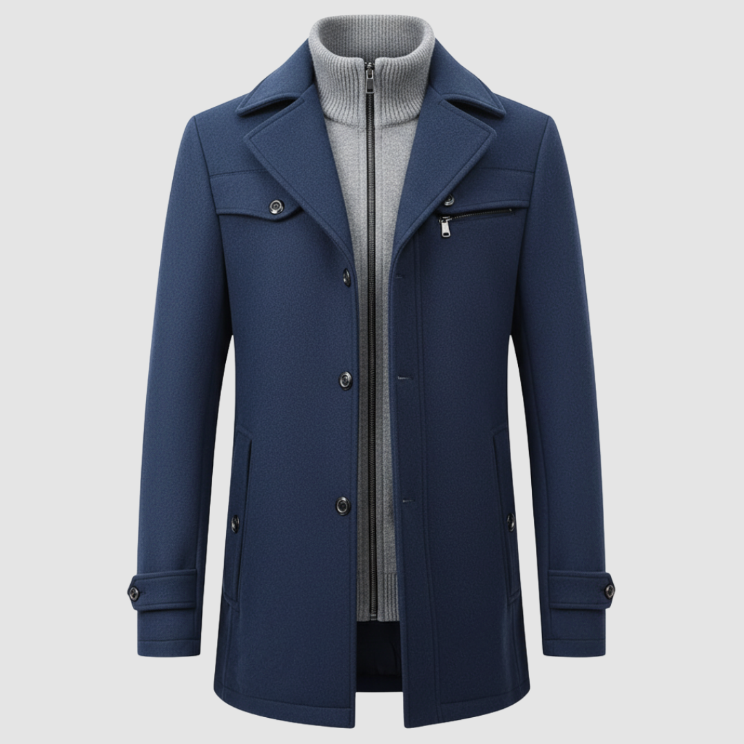 Men's high collar button-front coat, warm durable outerwear with chest and side pockets for cold weather