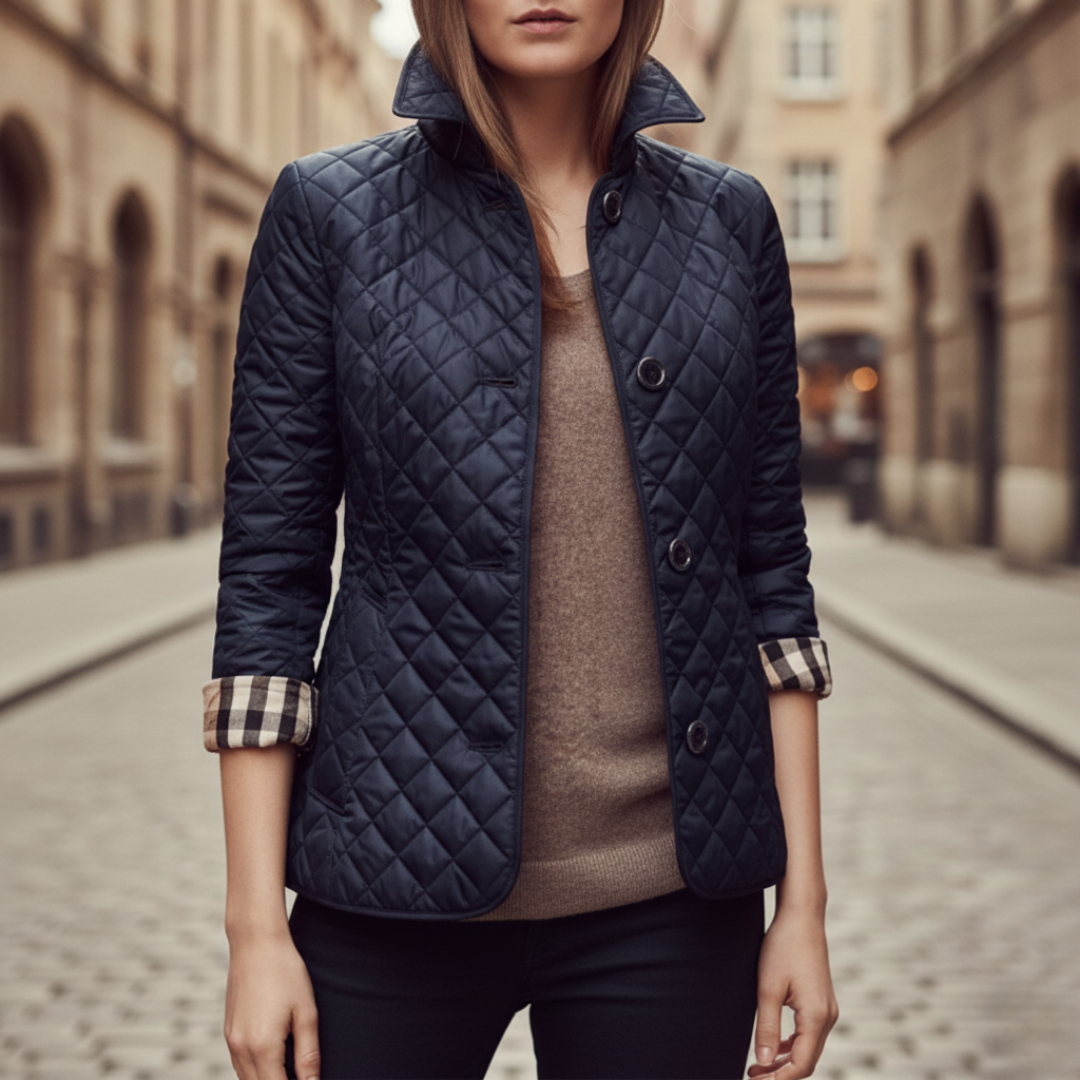 Women's lightweight quilted diamond-pattern jacket with snap button closure and shirt collar