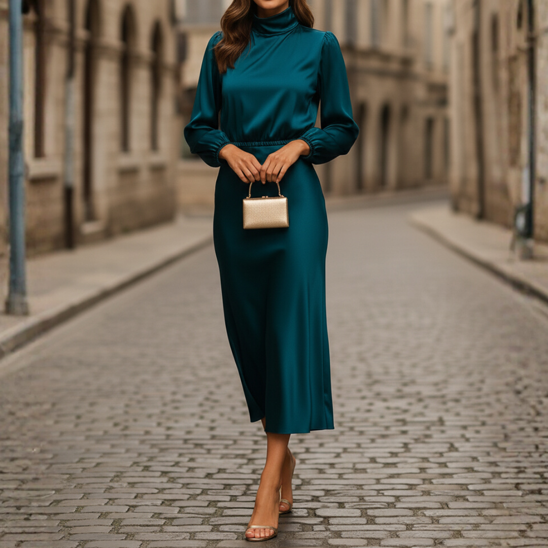 Women's satin midi dress high neck long sleeves fitted bodice trapeze skirt ceremony elegant