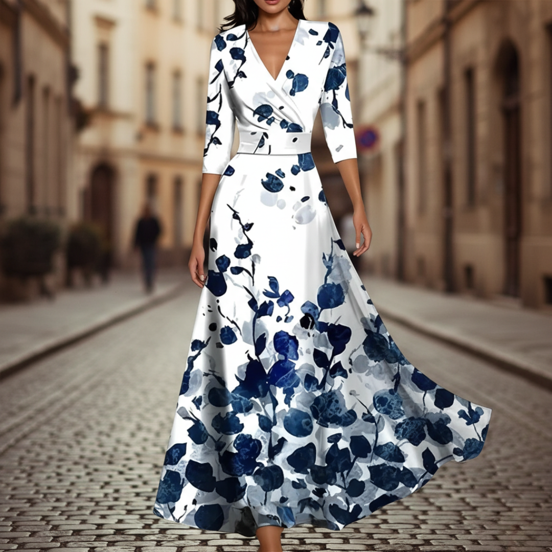 Women's floral print long sleeve dress lightweight fabric elegant formal silhouette beige blue pink red