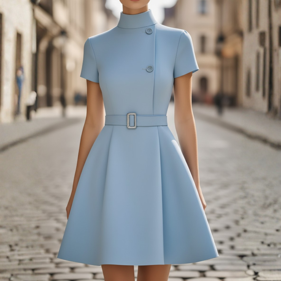 Beige women's short sleeve trapeze dress with fabric waist belt and button details for formal events