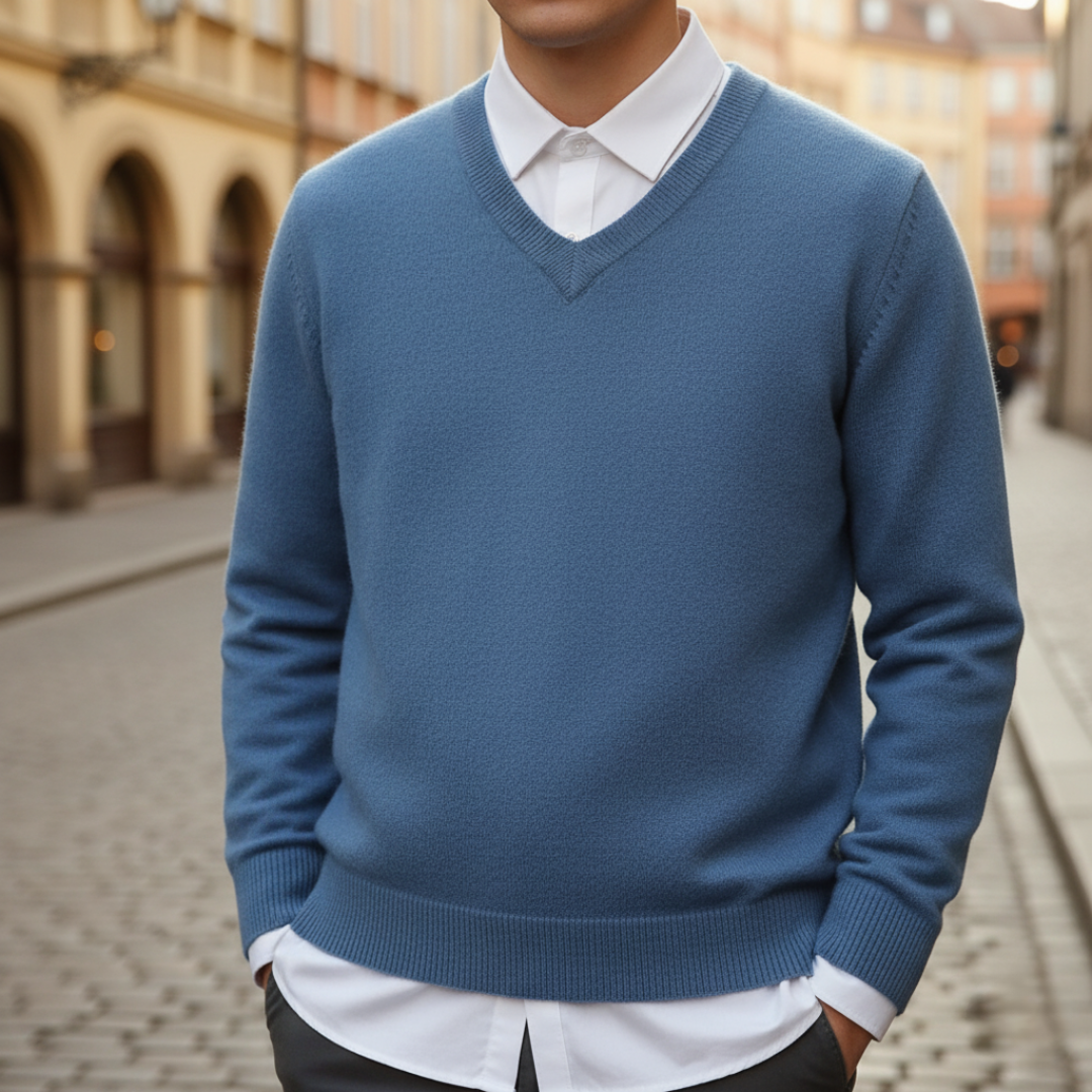 Men's navy blue V-neck viscose sweater, modern comfortable fit with smooth flattering drape