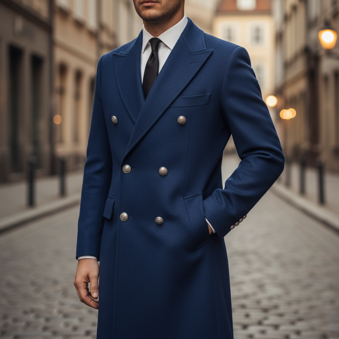 Men's long dark parka double-breasted padded lining polyester cold weather coat bold metal buttons