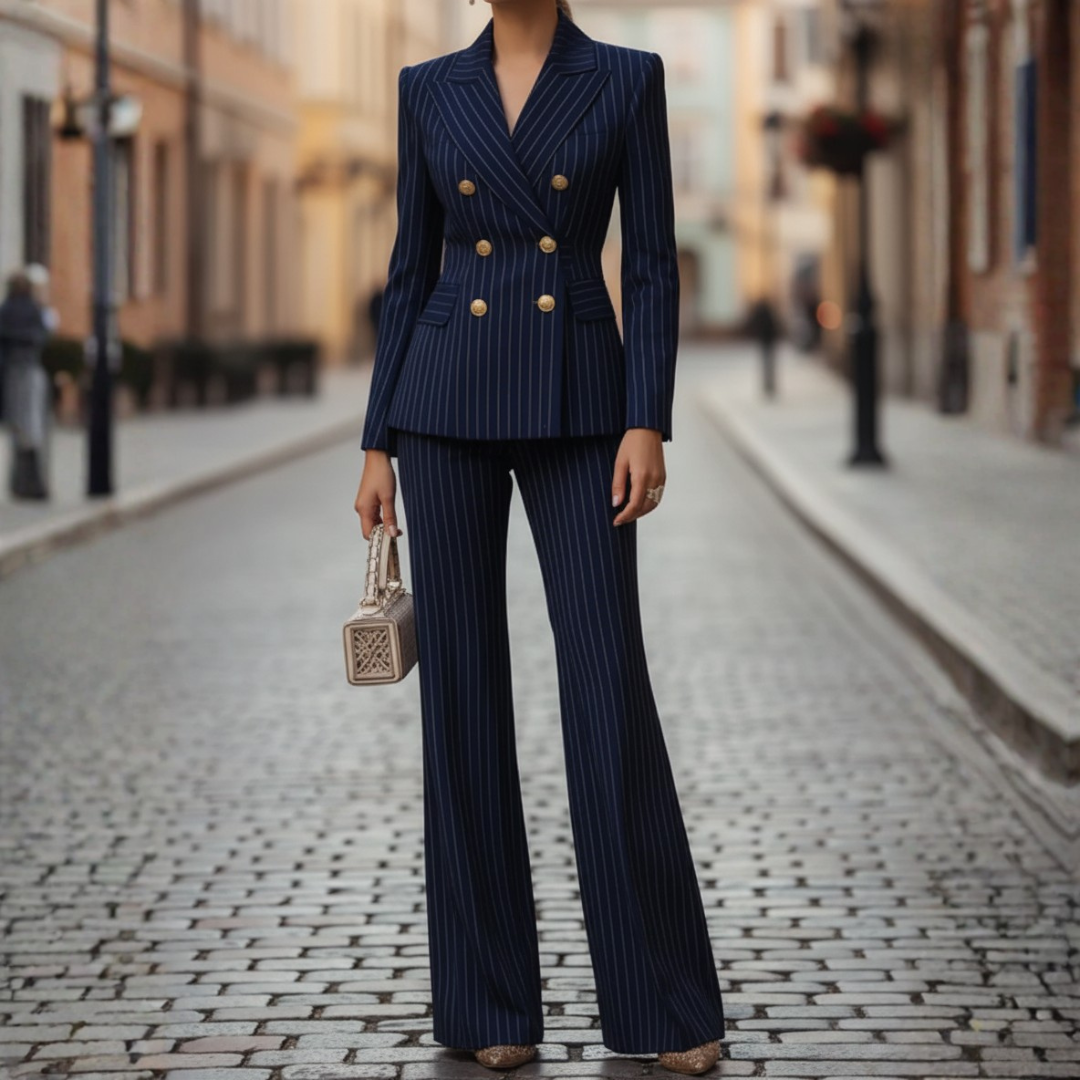 Women's blue black striped double-breasted blazer suit set tailored formal office professional look