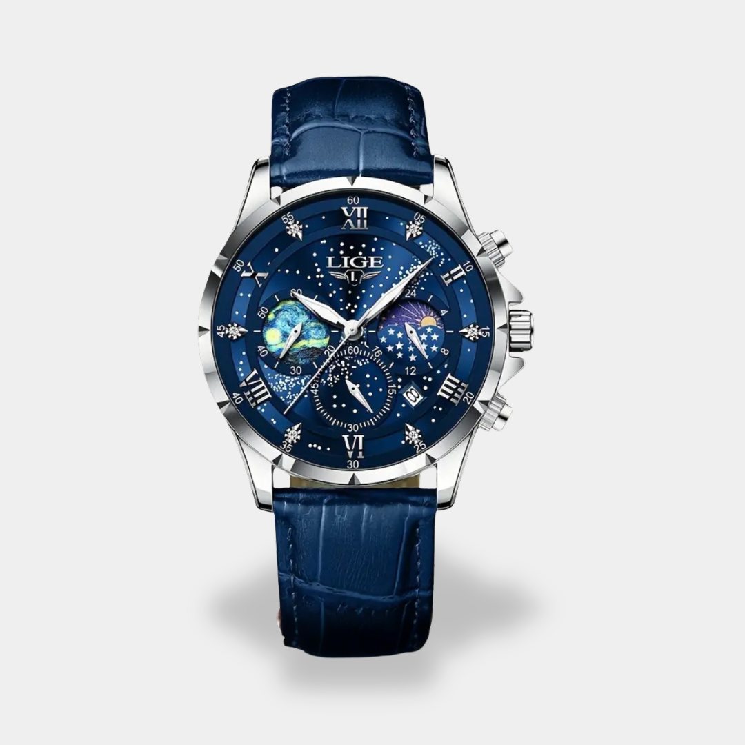 Men's chronograph watch brown leather strap steel case stopwatch elegant professional timepiece