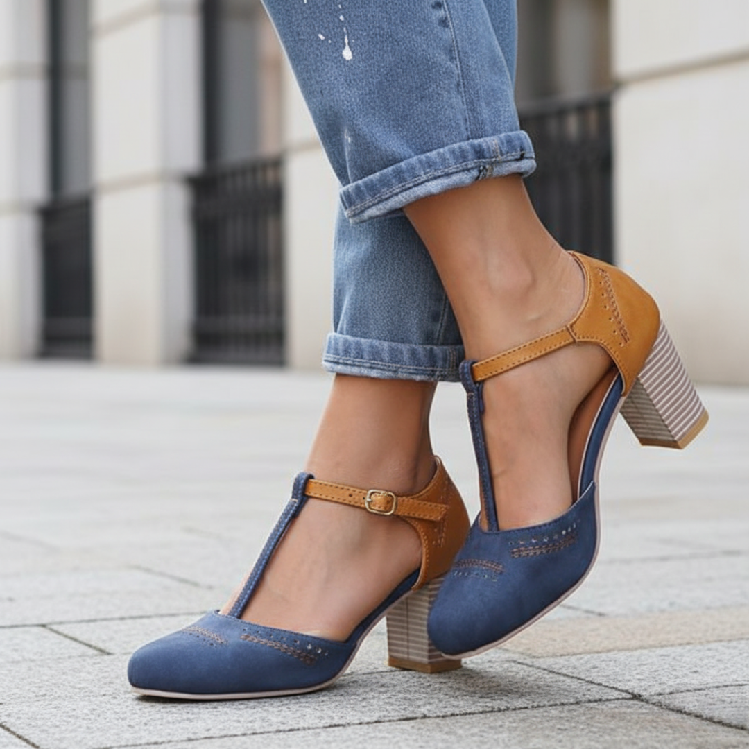Women's orthopedic block heel shoes with T-strap design for all-day comfort and support