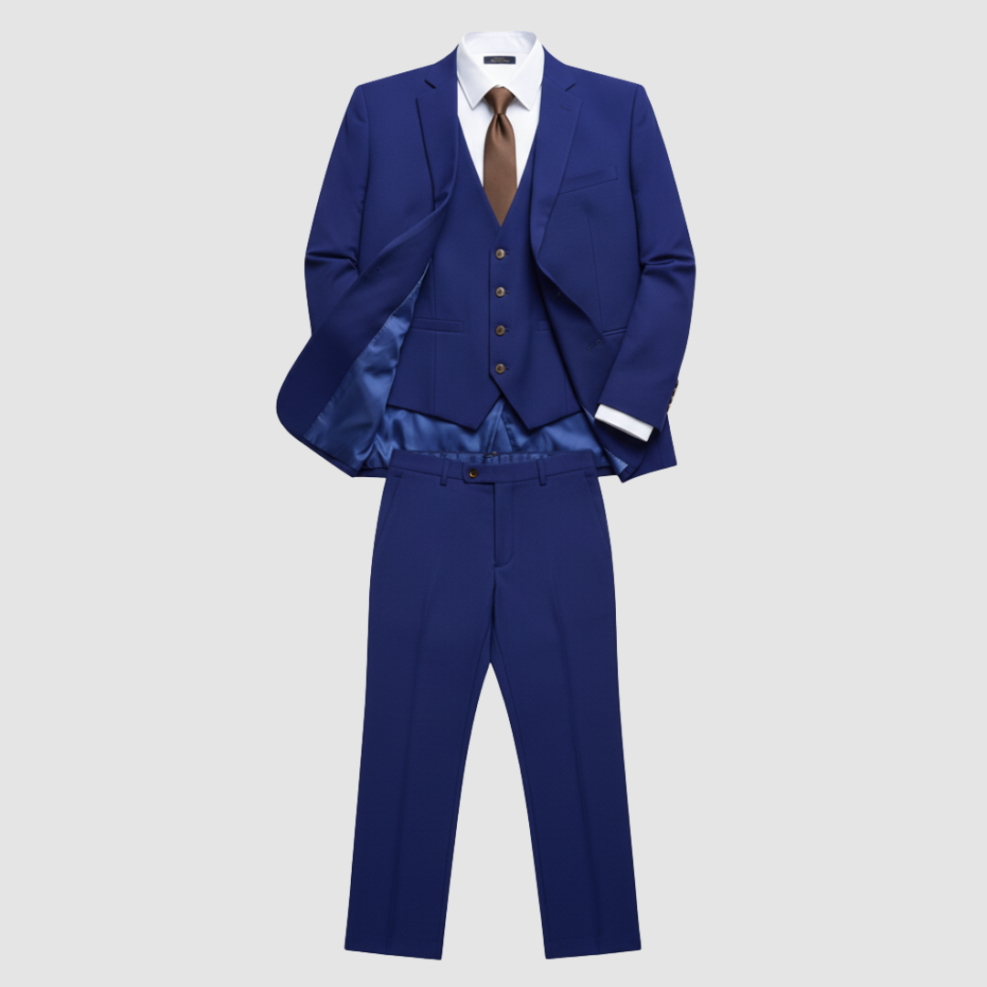 Men's black classic fit formal suit set with jacket, trousers, shirt and tie for professional occasions