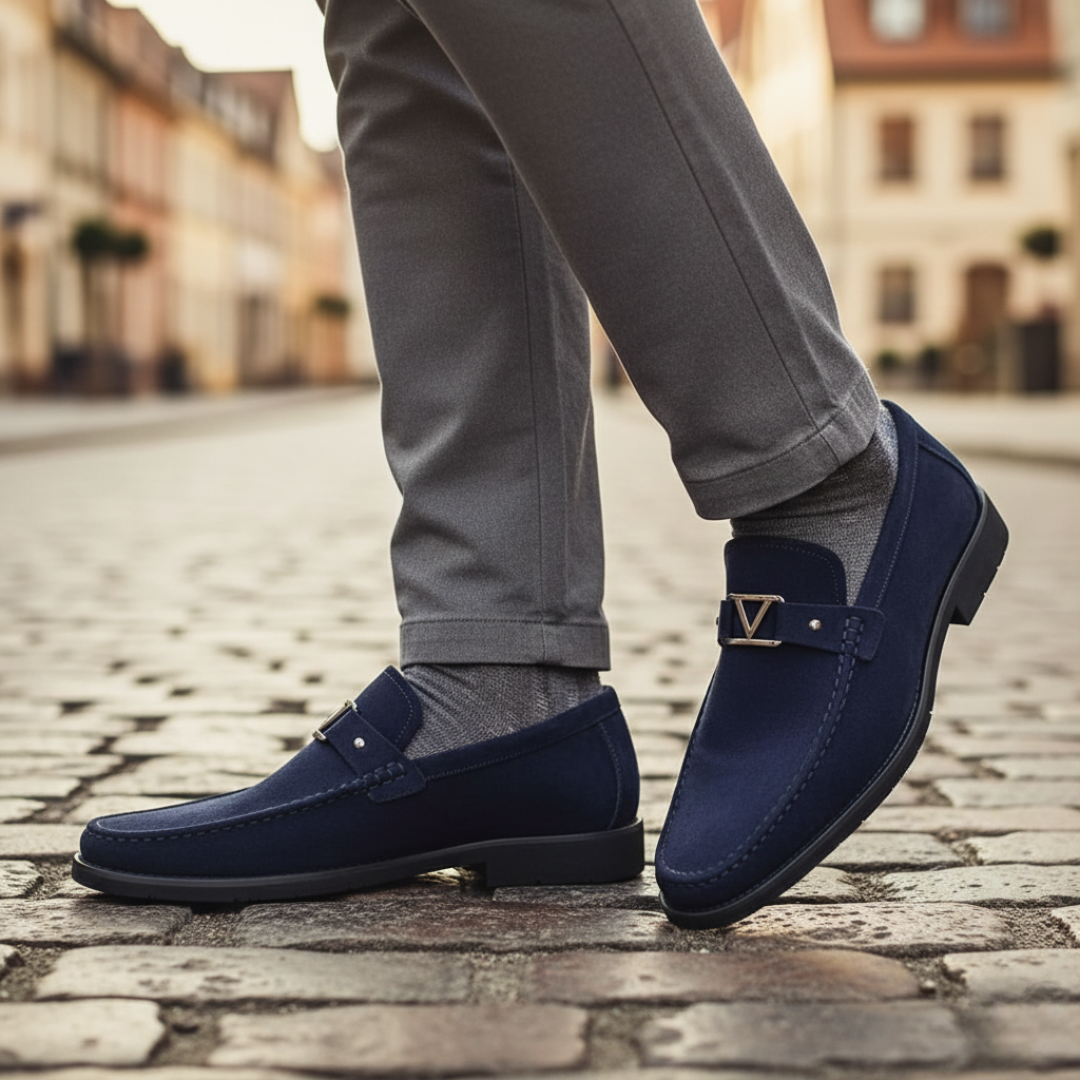 Men's black blue moccasin loafers with metal buckle accent, classic silhouette for everyday wear