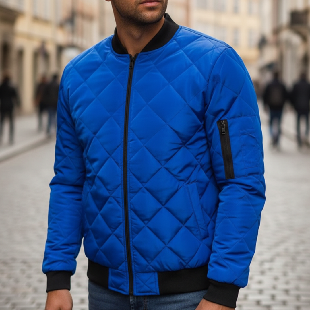 Men's blue lightweight synthetic bomber jacket with slim silhouette and padded insulation for winter