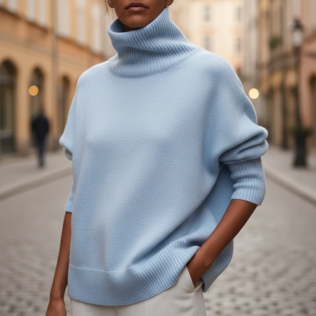 Women's cozy knit turtleneck sweater relaxed wide-fit silhouette for casual elegant all-season layering