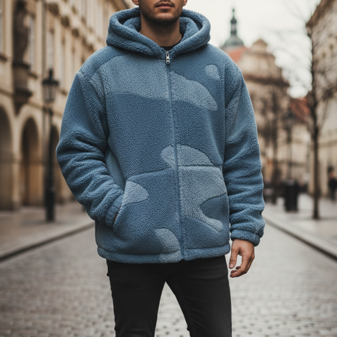 Men's hooded camo jacket soft warm fabric black blue gray pink modern versatile outdoor wear