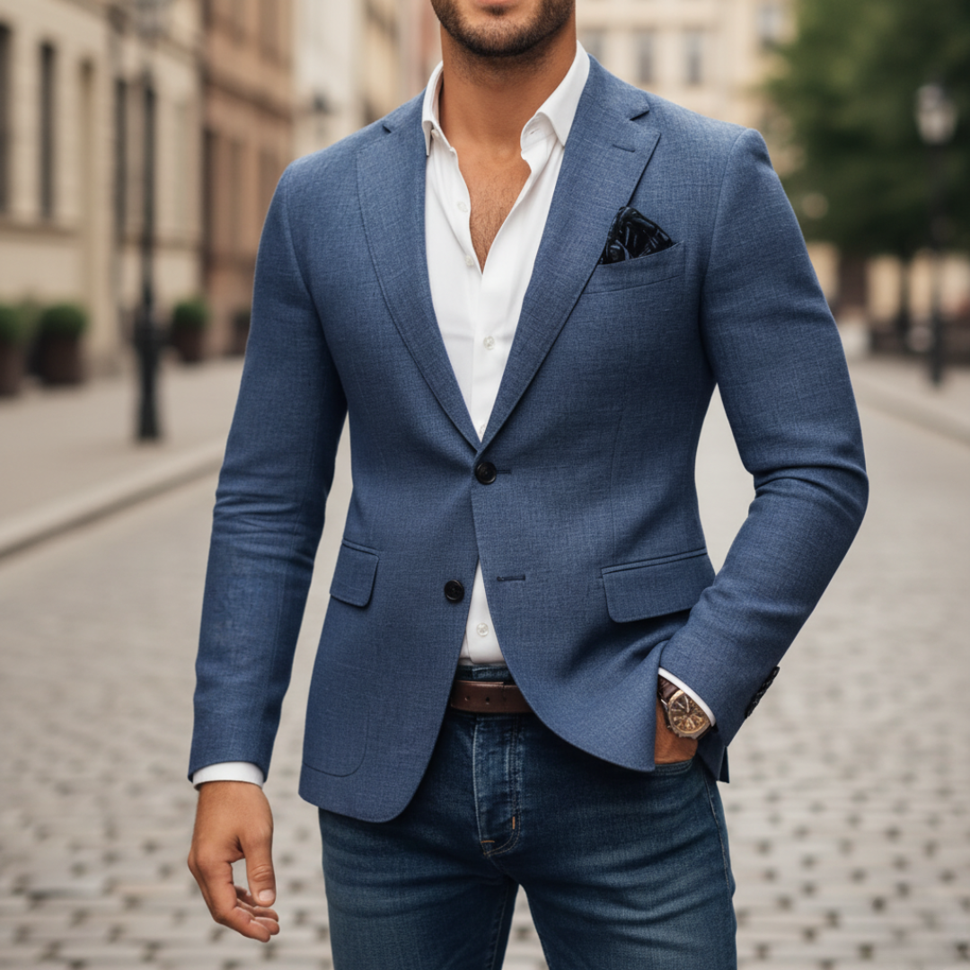 Men's slim fit blazer in gray, blue, and beige durable fabric with front pockets for work and events
