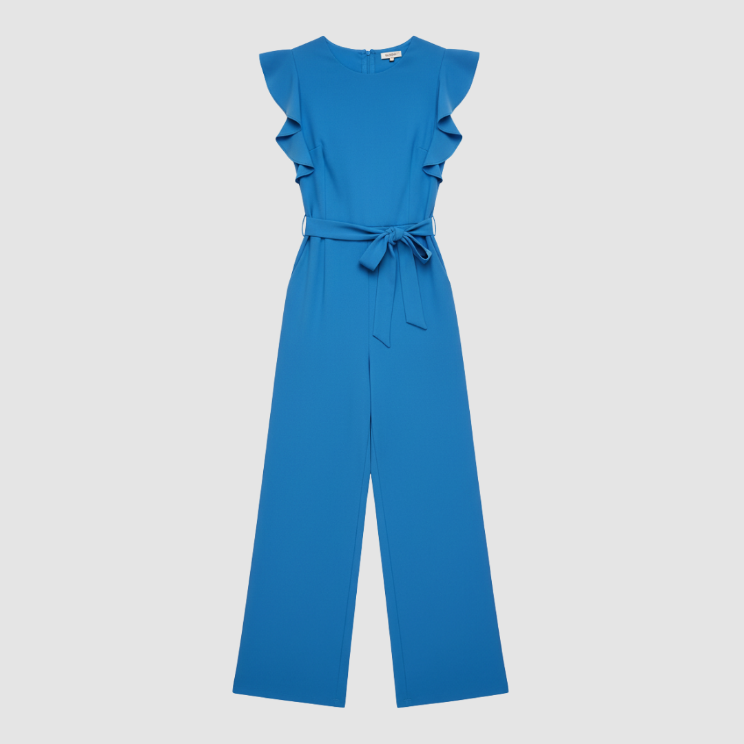 Women's wide-leg jumpsuit with belt, ruched short sleeves, adjustable tie waist, and back zipper