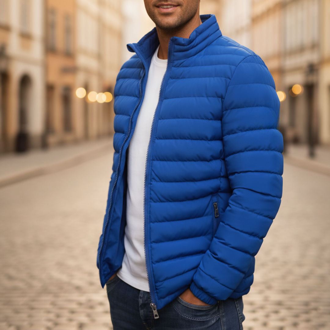 Men's black puffer down jacket durable insulated coat for cold weather active outdoor wear