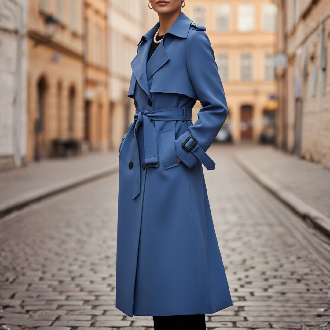 Women's double breasted trench coat in neutral tone with wide collar, belted waist, and long structured silhouette