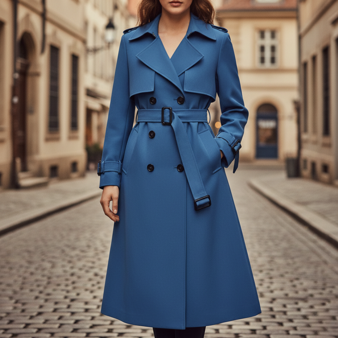 Women's double-breasted trench coat with adjustable belt in beige, classic tailored silhouette for work