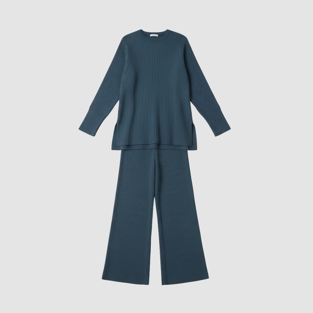 Women's ribbed knit sweater and pants matching set, regular-fit casual chic two-piece loungewear