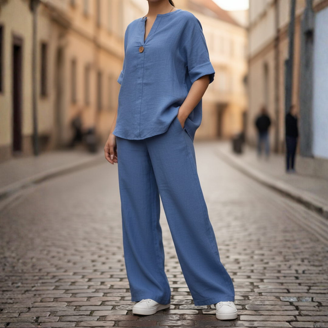 Women's linen set V-neck rolled sleeve top wide leg pants breathable lightweight summer outfit
