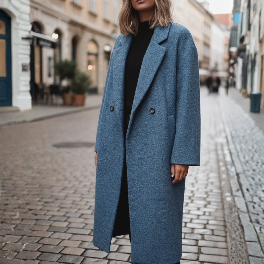 Women's belted double-breasted coat in black elegant winter outerwear with waist-defining belt
