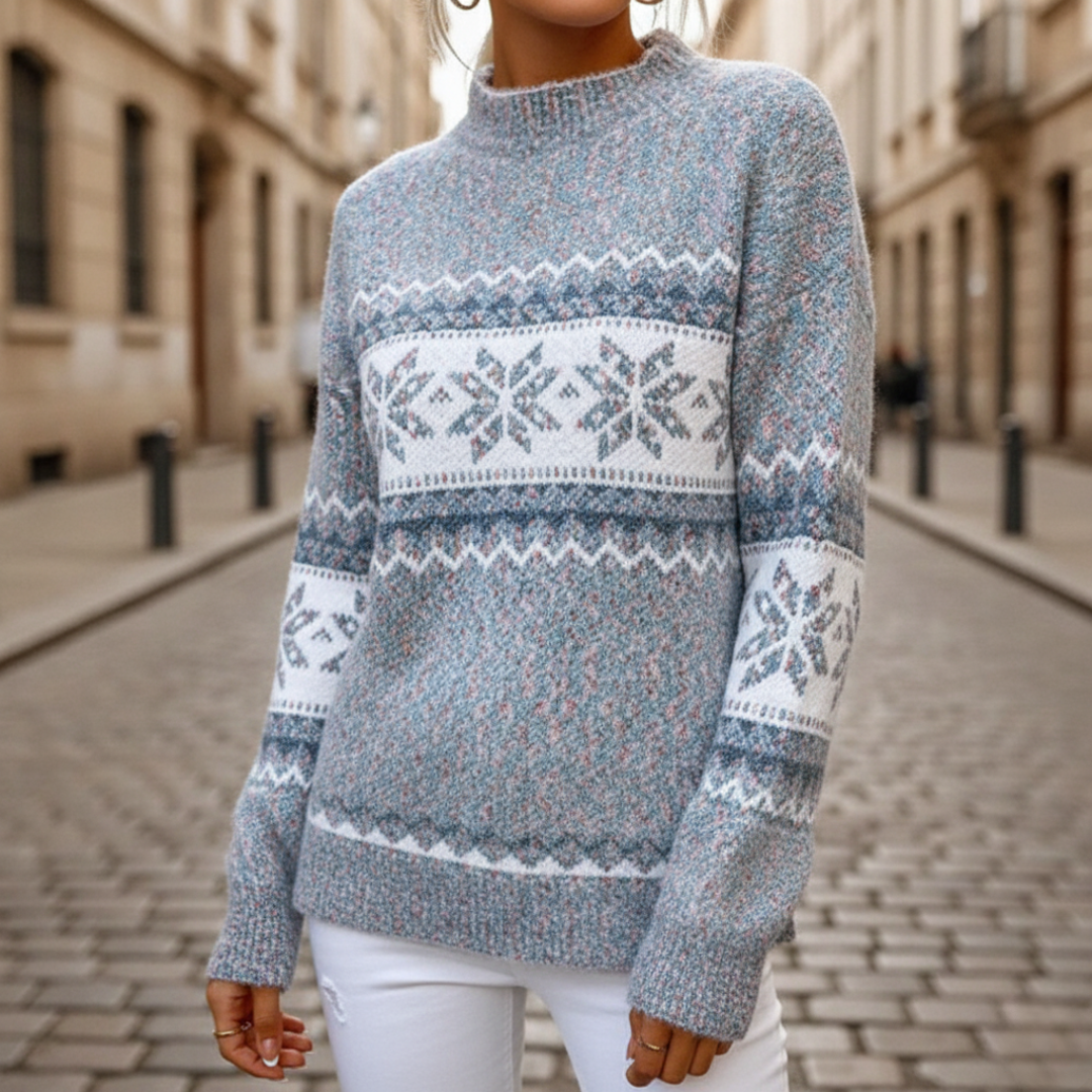 Women's Fair Isle jacquard sweater green blue white geometric floral Nordic knit winter cozy fit