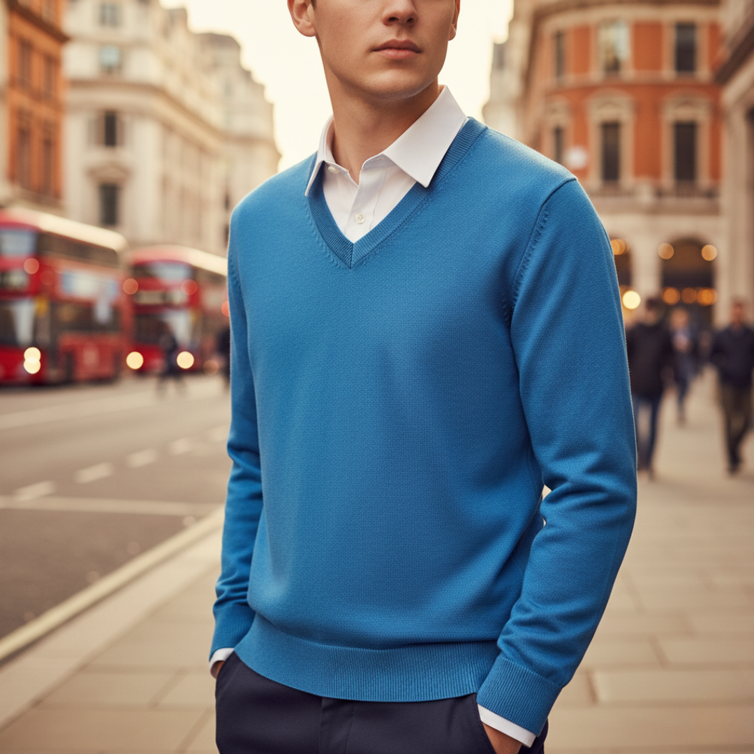 Men's classic V-neck sweater regular fit soft knitted fabric versatile layering essential for office or casual wear