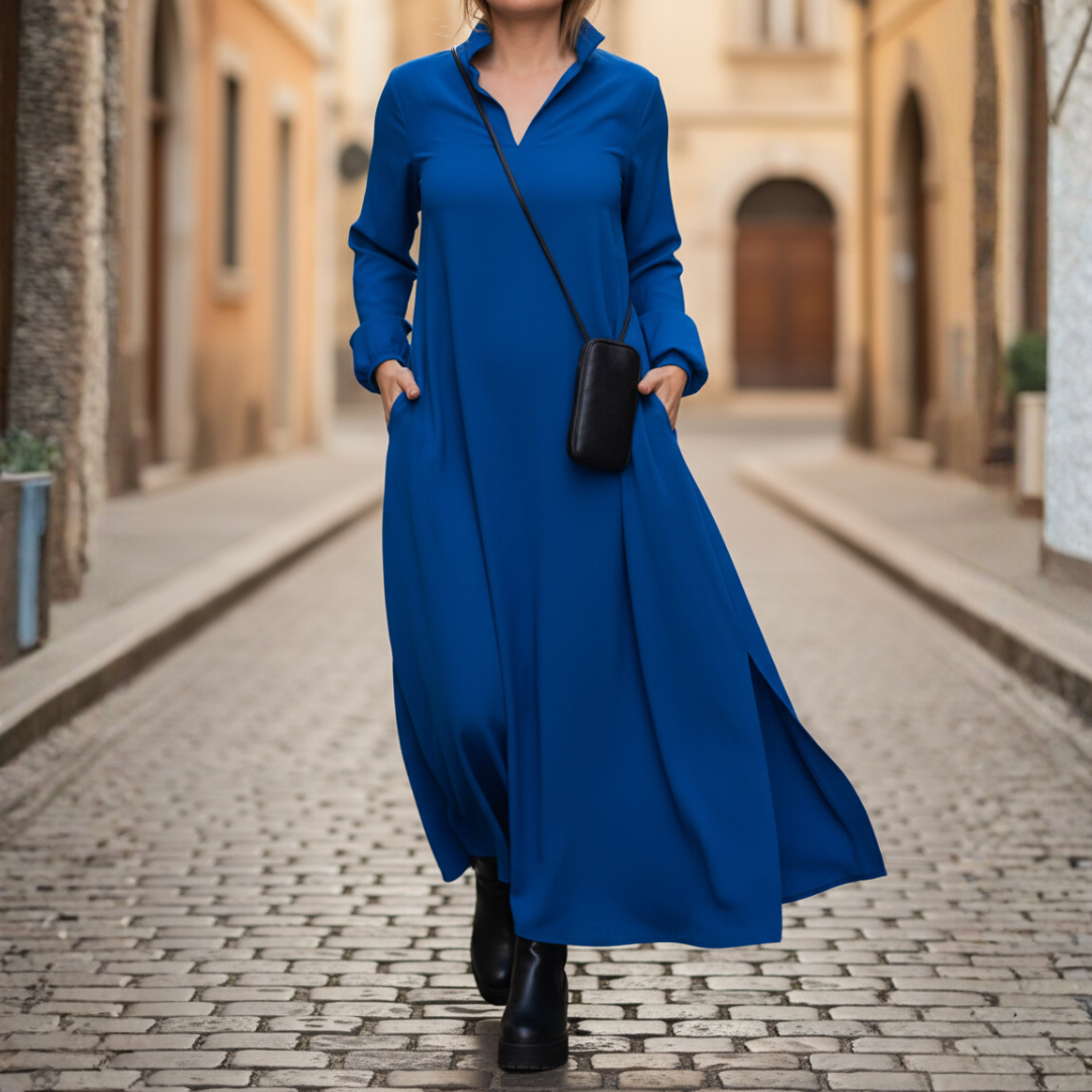 Women's long high neck casual dress in black blue brown green red relaxed fit with side pockets