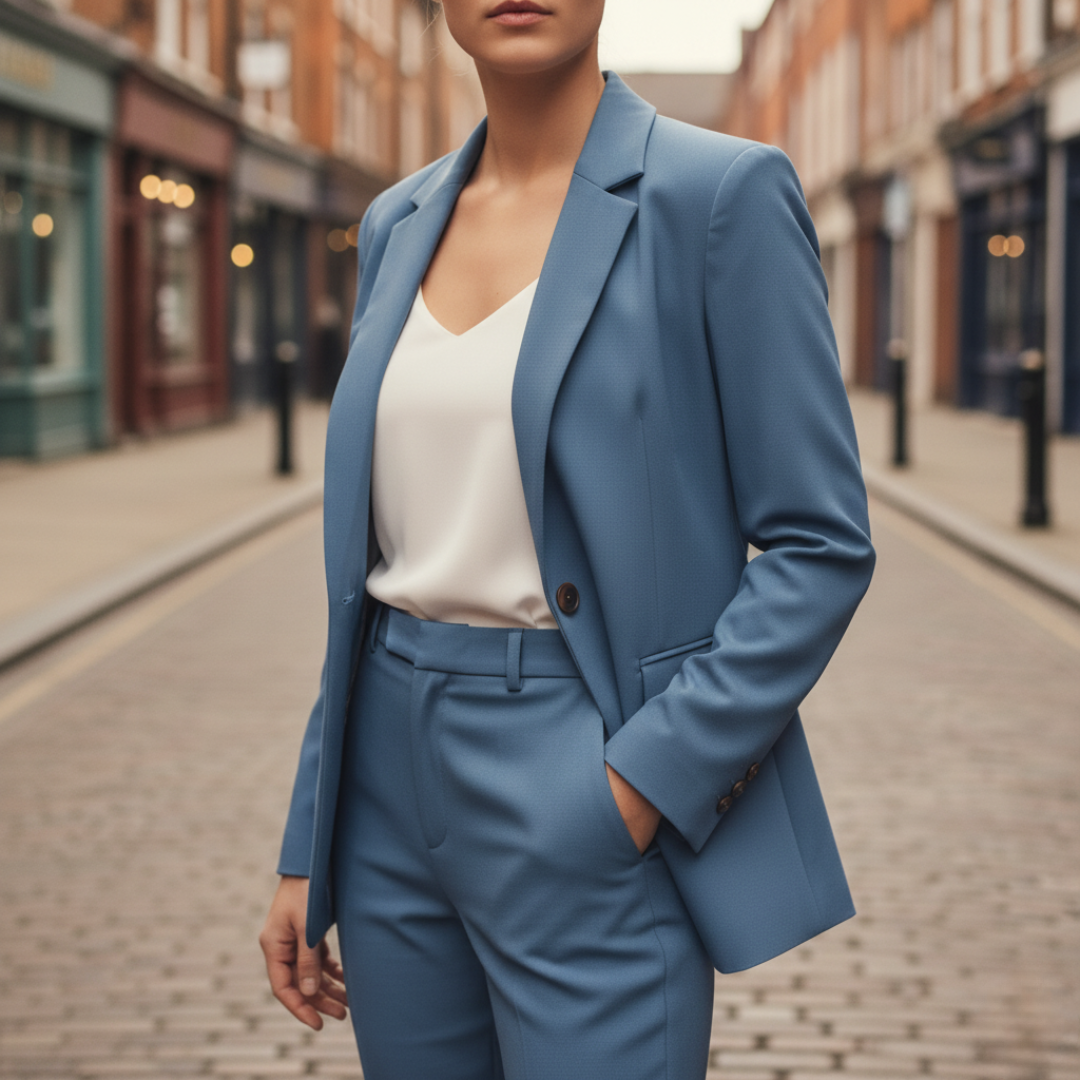 Women's formal suit jacket and pants set, professional comfort fit, tailored two-piece ensemble