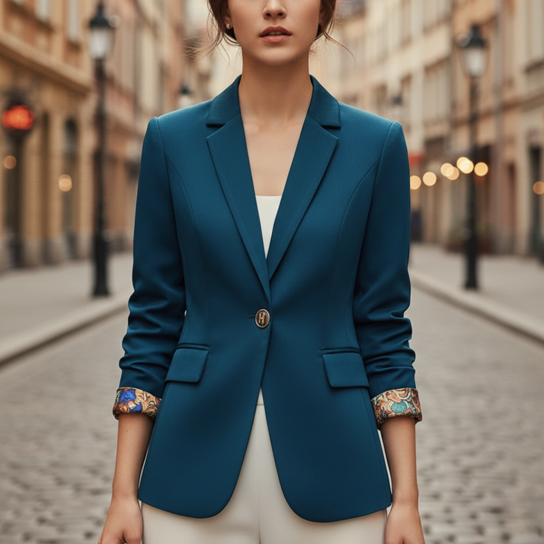 Elegant women's blazer beige or black with button sleeve detailing, tailored professional cut