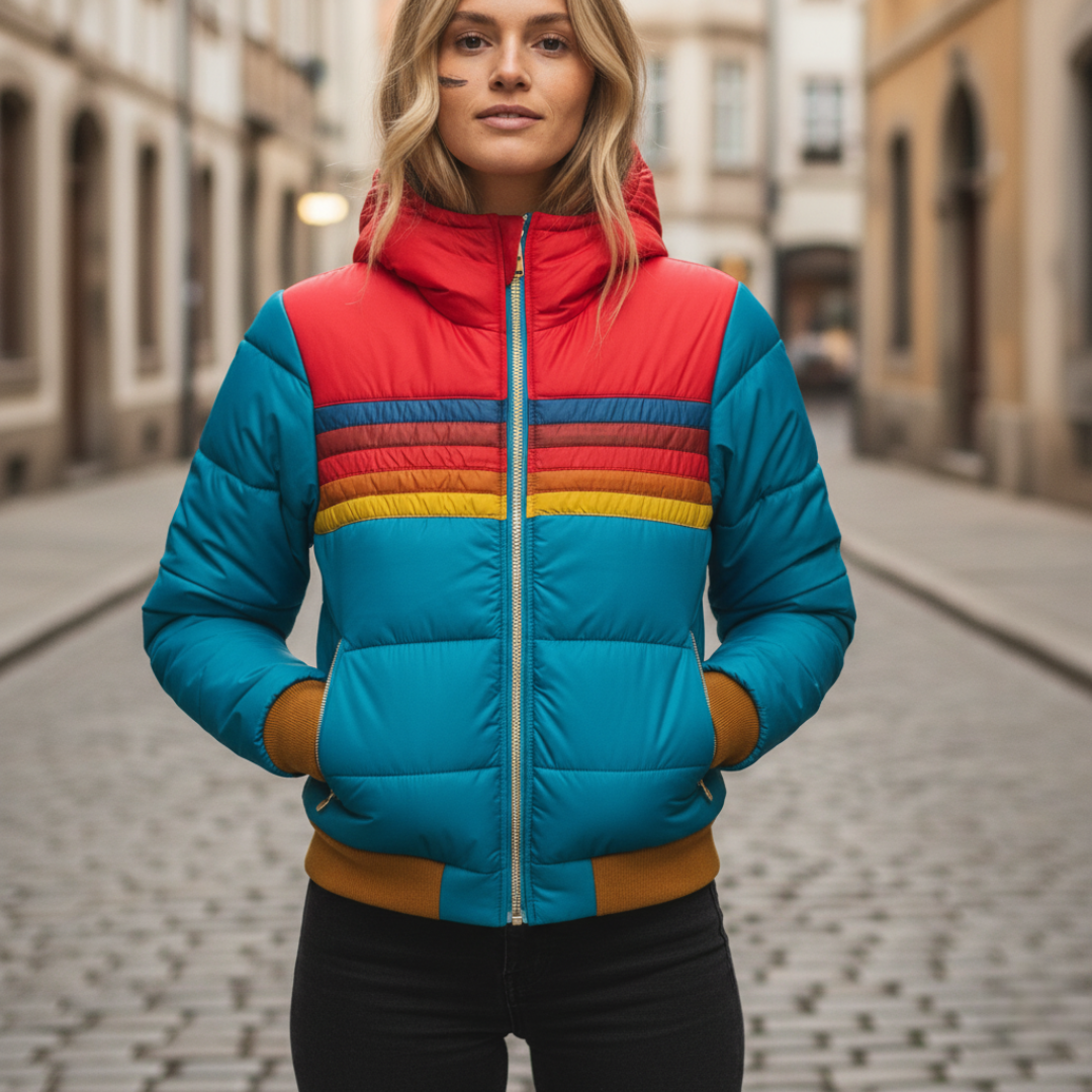 Women's lightweight hooded puffer jacket with bold retro color-block stripes, wind and water resistant