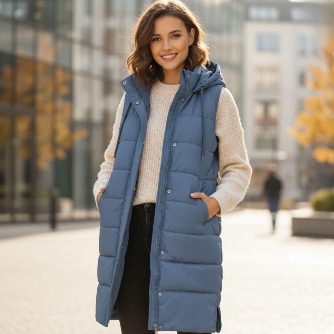 Women's long padded hooded jacket, sleek zip closure, breathable insulated winter coat for cold days