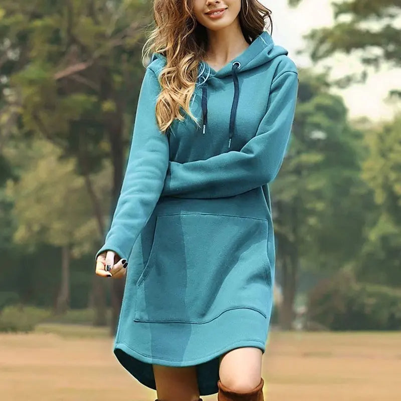 Women's black fleece hoodie dress A-line cocoon silhouette with hood casual chic loungewear