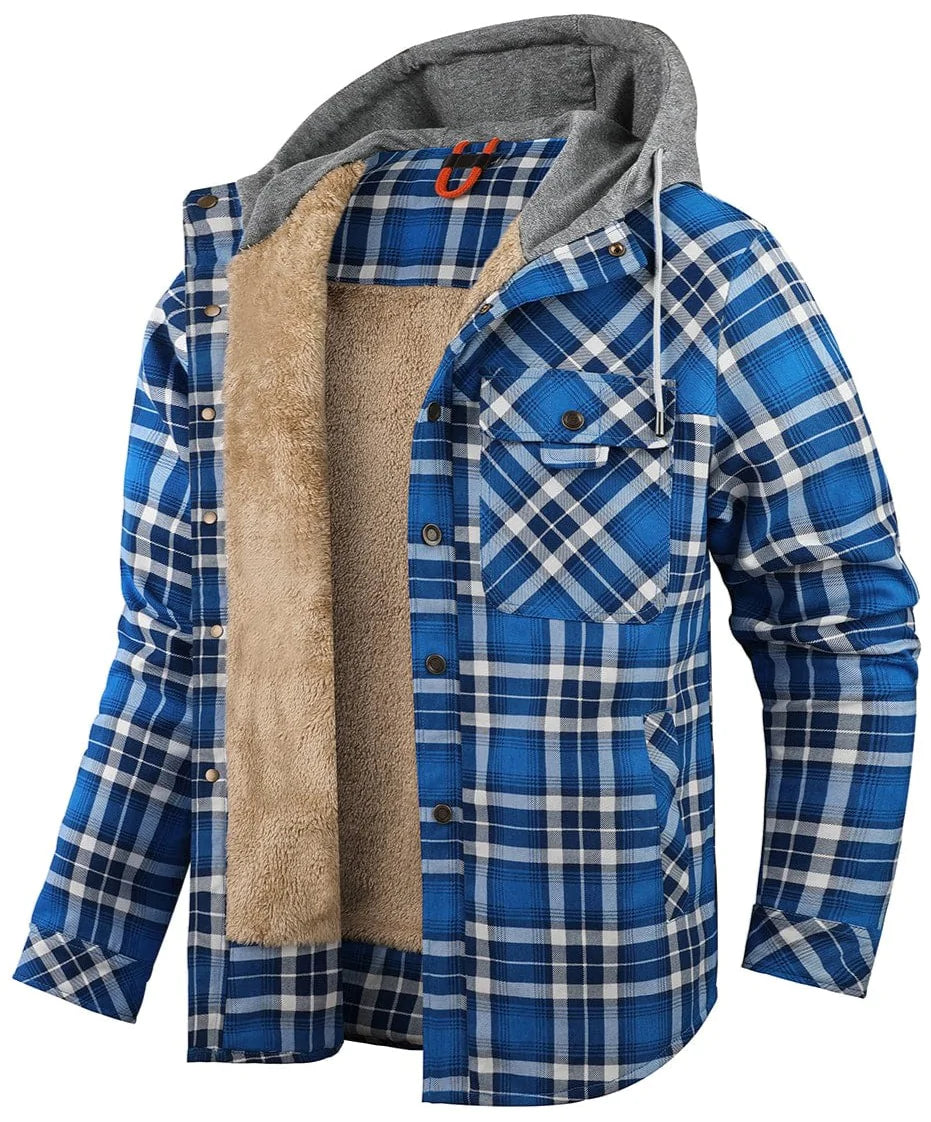 Men's plaid hoodie jacket in bold multicolor, fleece-lined button-up with rugged casual fit