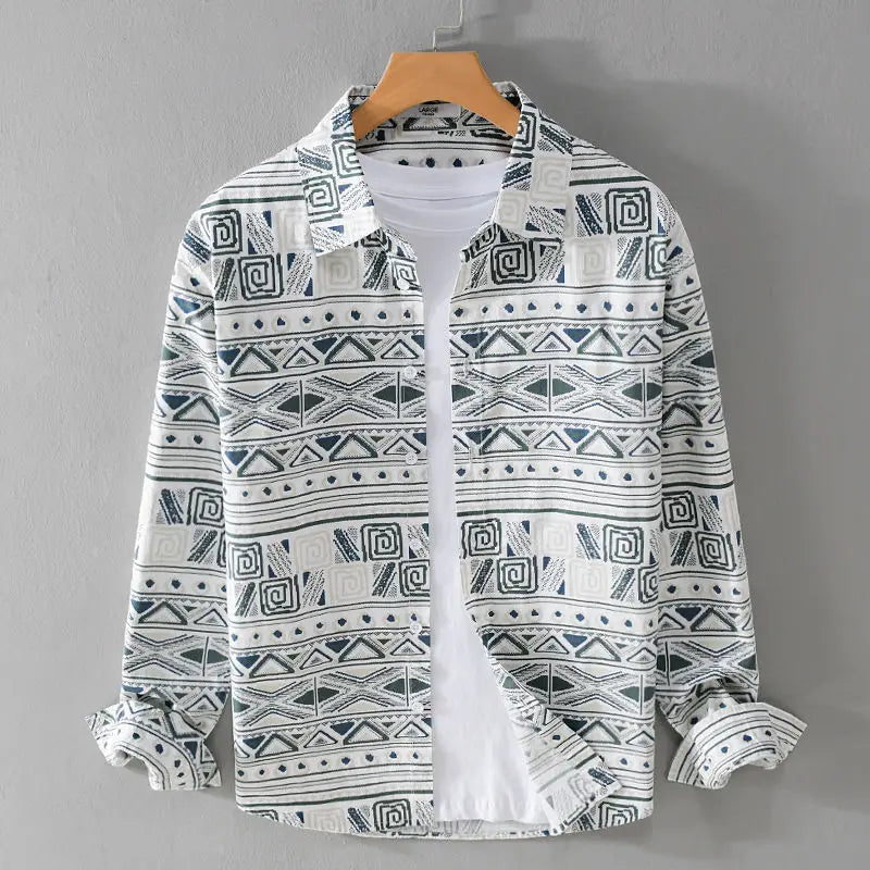 Men's earth tone tribal print button-up shirt relaxed fit 100% cotton breathable casual wear