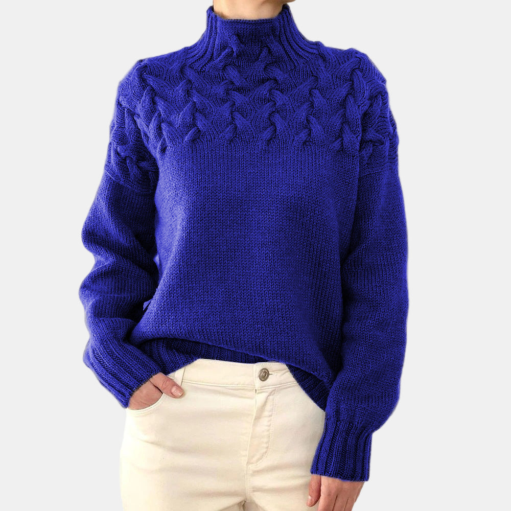Women's cream cable knit turtleneck sweater relaxed fit with raised texture bodice detailing