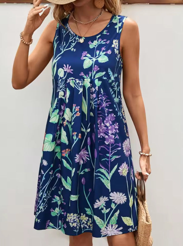 Women's relaxed-fit sleeveless floral print vest dress, dark base bold blooms, lightweight casual summer